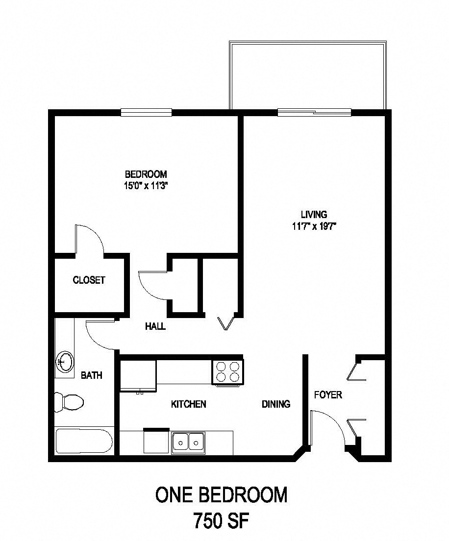 Floor plan for 1 bed, 1 bath, 750 sqft